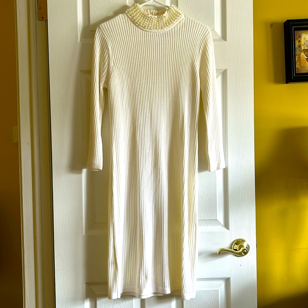 Sweater dress with pearl neckline